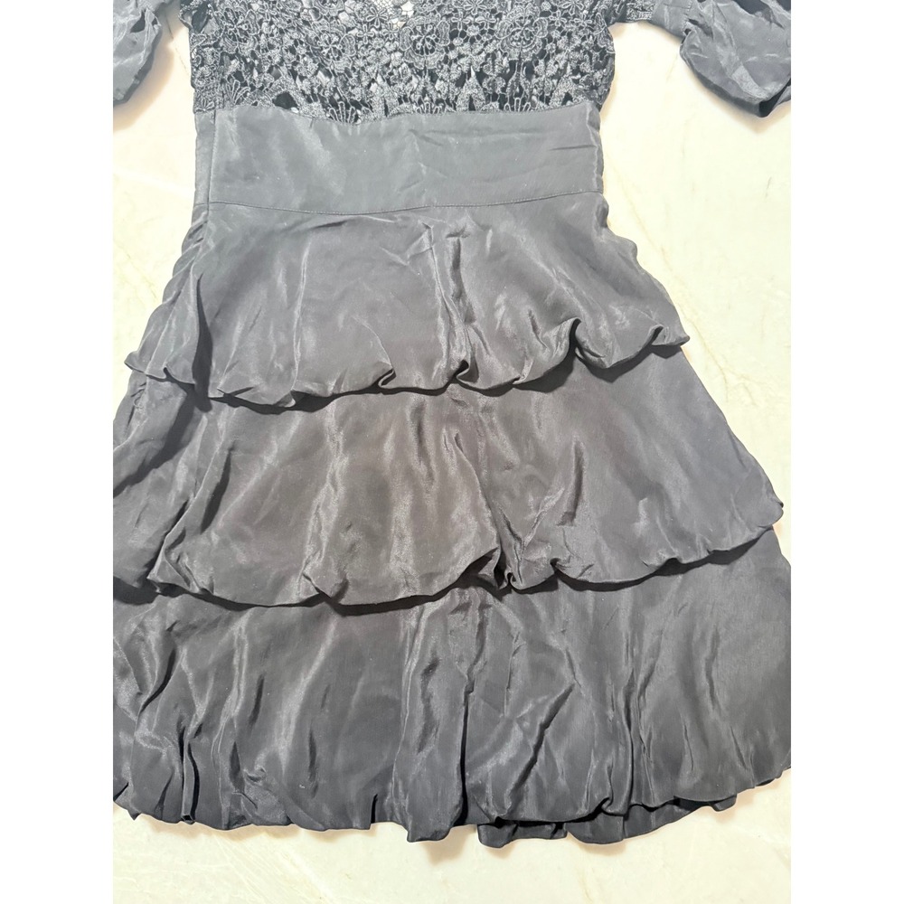 bebe Black Lace Crochet Silk Tiered Ruffle Mini Dress Puff Sleeve Womens Size XS - Picture 14 of 16